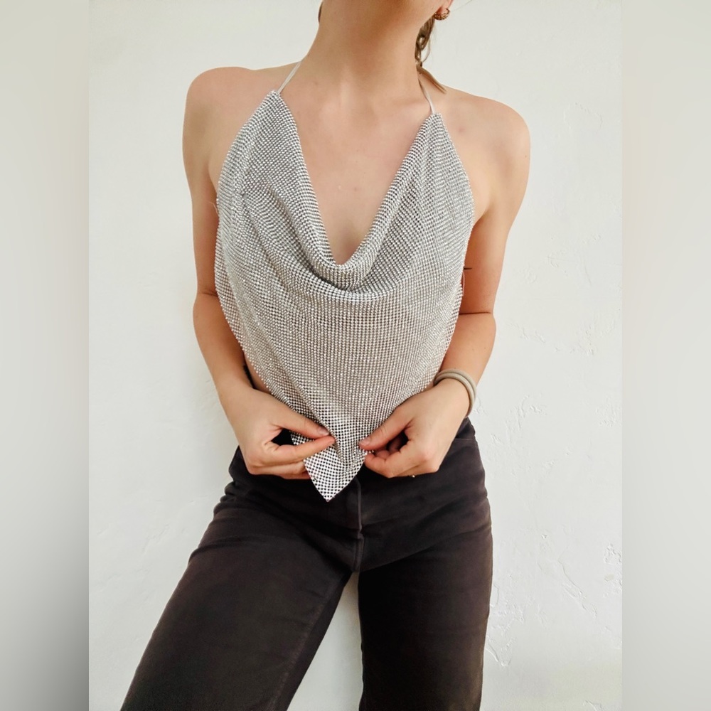 Rhinestone chain mail cowl neck top